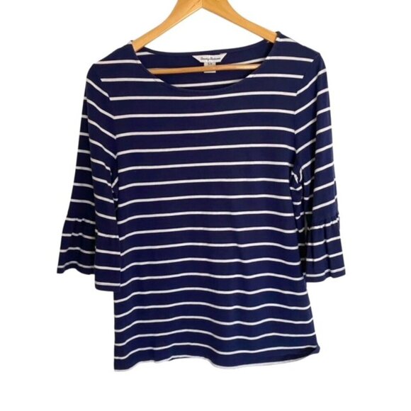 Tommy Bahama Navy & White Striped Ruffle Sleeve Top Small - Picture 1 of 4